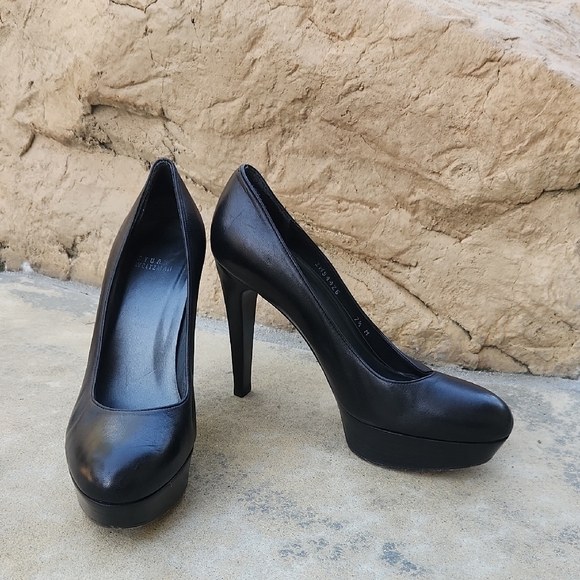 Stuart Weitzman Black Leather Platform Women's High Heels Size 7.5 - Picture 1 of 14
